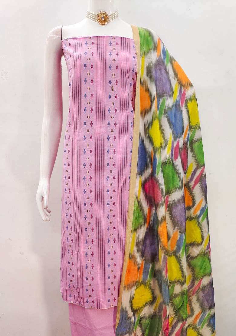 Pink Printed Blended Straight Kurta Set - Indya
