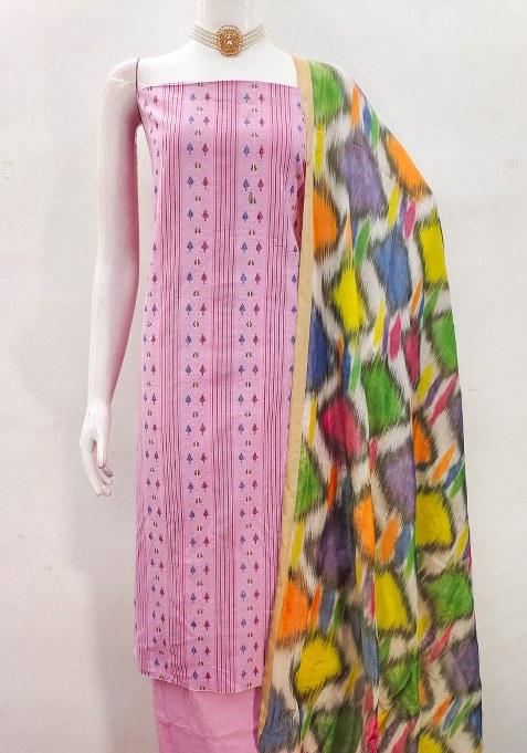 Pink Printed Blended Straight Kurta Set