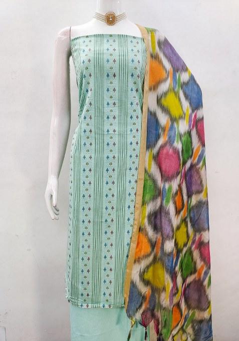 Sea Green Printed Cotton Straight Kurta Set
