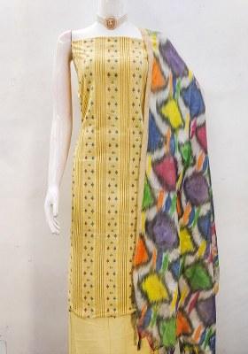 Yellow Embroidered Cotton Blend Dress Material