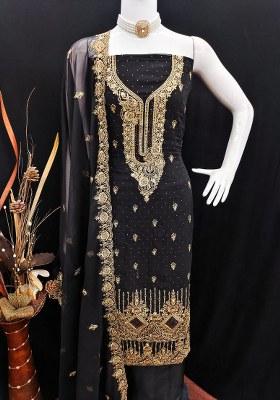 Black Embroidered Georgette Dress Material