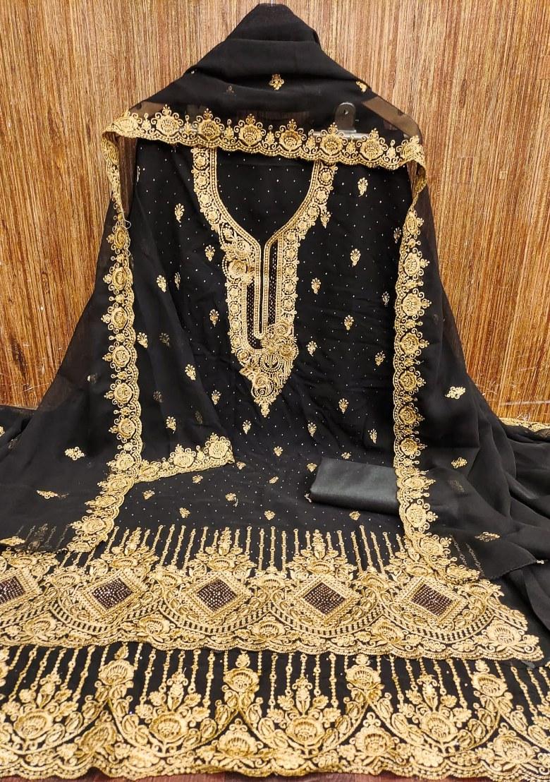 Black Embroidered Georgette Dress Material - Indya