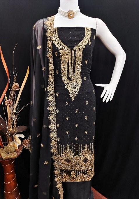 Black Embroidered Georgette Dress Material