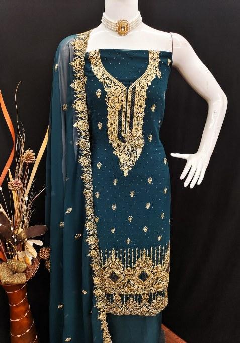 Blue Embroidered Georgette Pakistani Suit Set