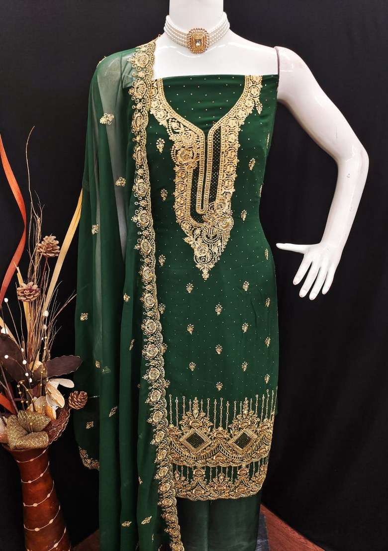 Green Embroidered Georgette Pakistani Suit Set - Indya