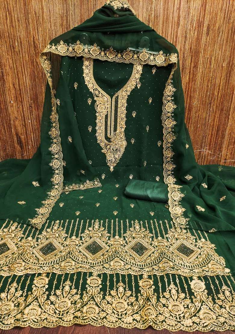 Green Embroidered Georgette Pakistani Suit Set - Indya