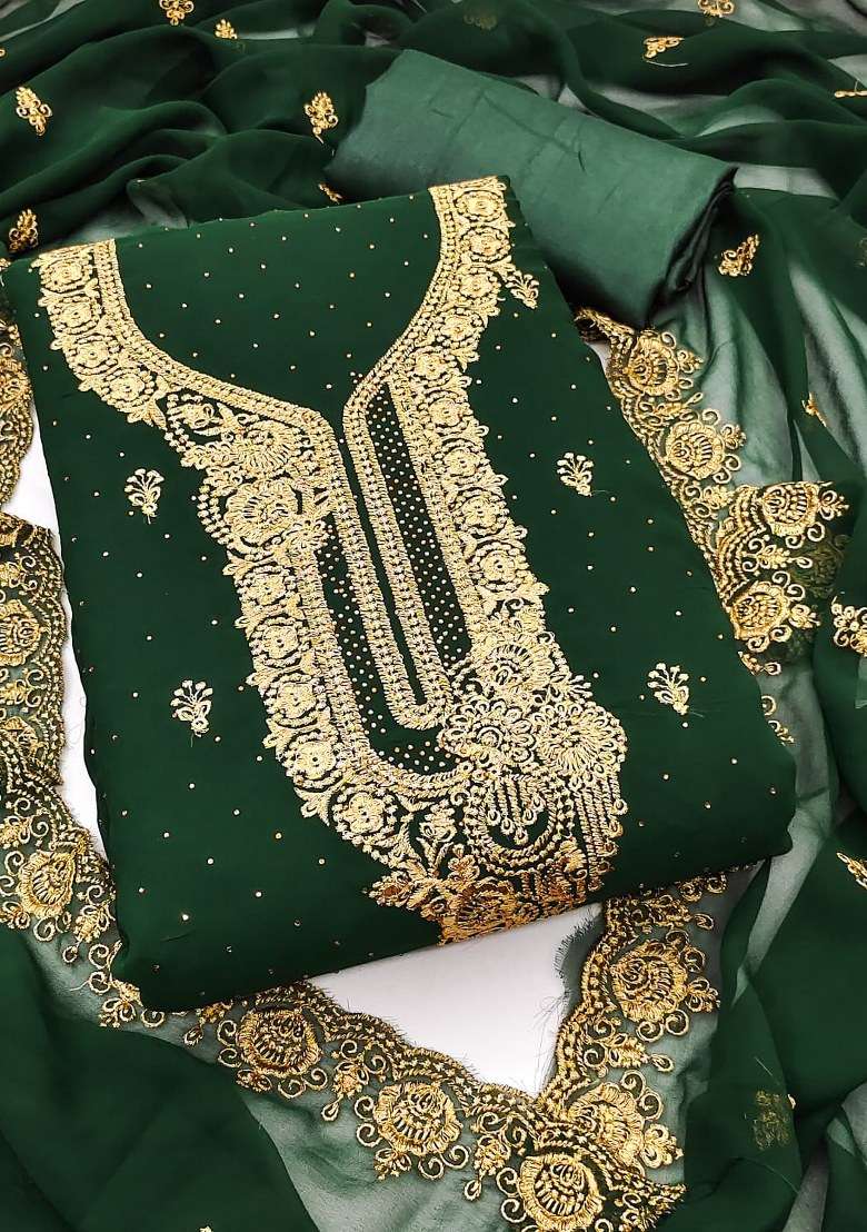Green Embroidered Georgette Pakistani Suit Set - Indya