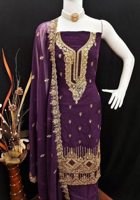 Lavender Embroidered Georgette Dress Material