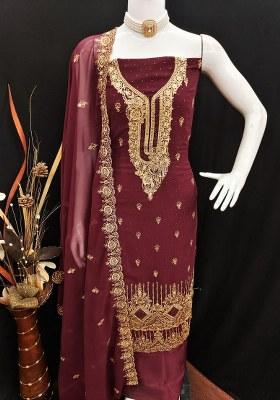 Maroon Embroidered Georgette Dress Material