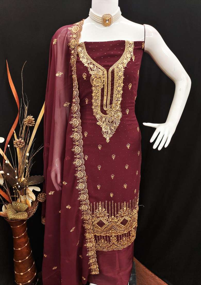 Maroon Embroidered Georgette Pakistani Suit Set - Indya