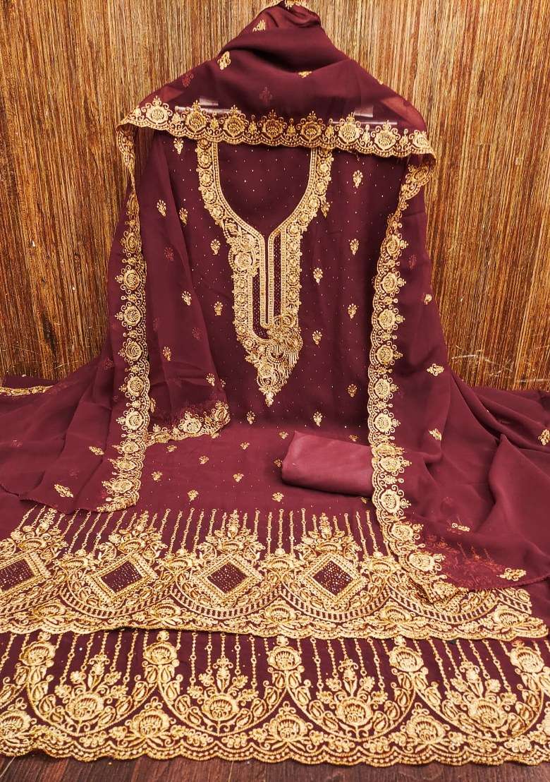 Maroon Embroidered Georgette Pakistani Suit Set - Indya