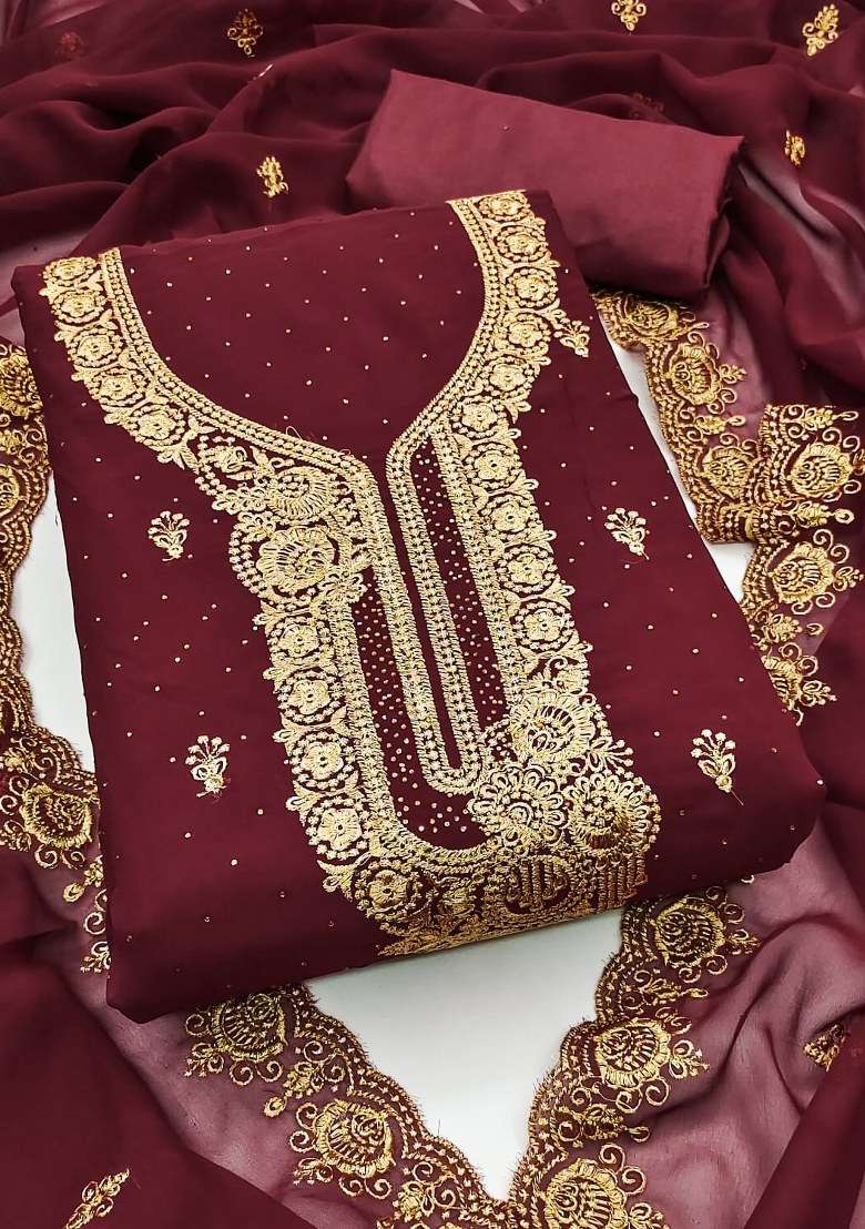Maroon Embroidered Georgette Pakistani Suit Set - Indya