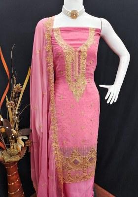 Pink Embroidered Georgette Dress Material
