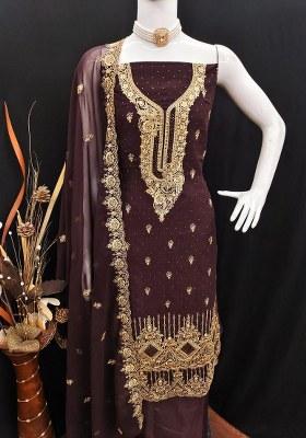 Purple Embroidered Georgette Dress Material