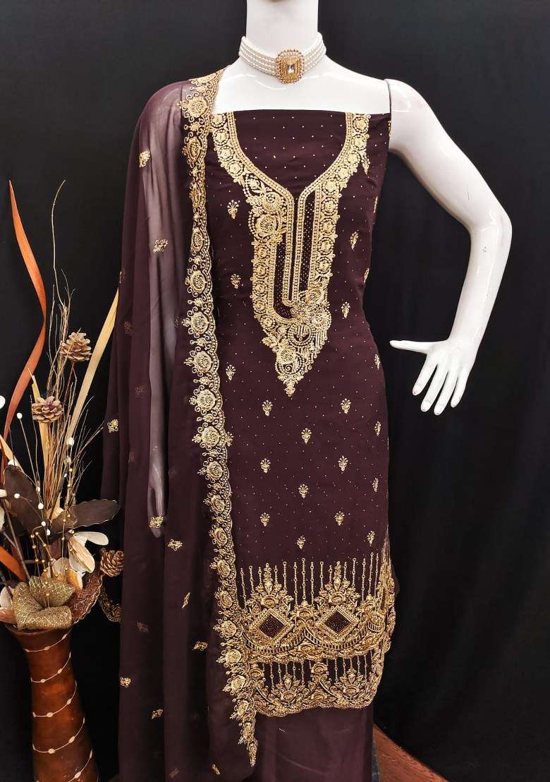 Purple Embroidered Georgette Pakistani Suit Set - Indya