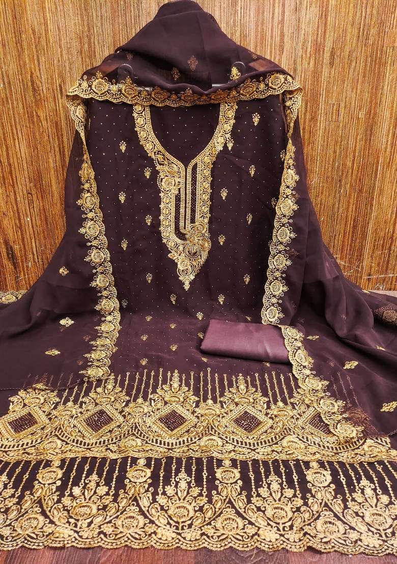Purple Embroidered Georgette Pakistani Suit Set - Indya