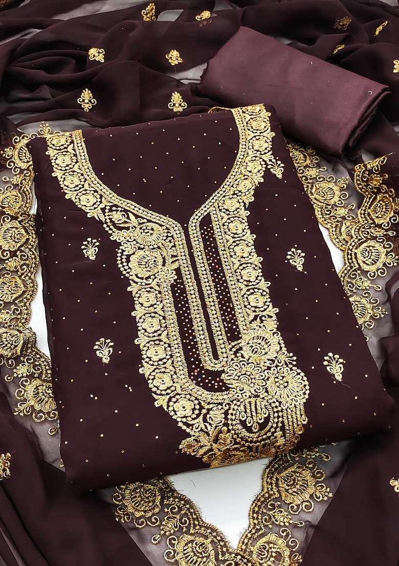 Purple Embroidered Georgette Pakistani Suit Set - Indya