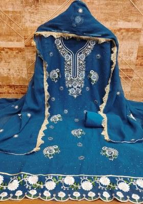 Blue Embroidered Georgette Dress Material