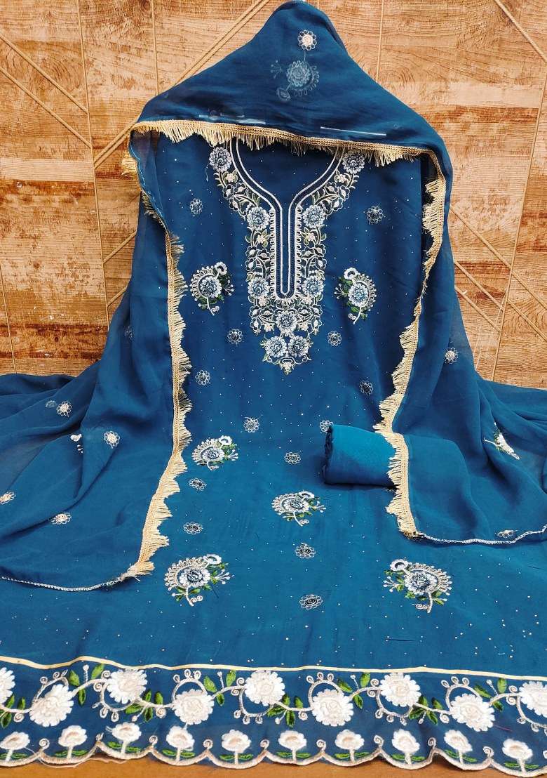 Blue Embroidered Georgette Straight Kurta Set - Indya