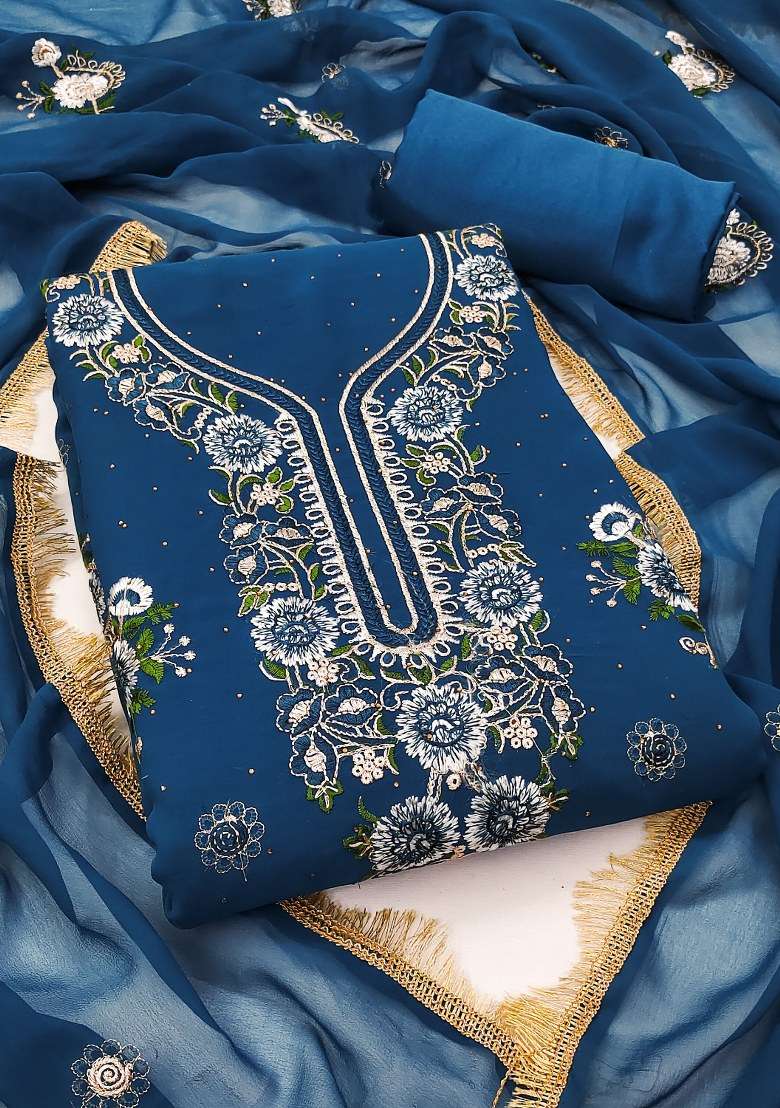 Blue Embroidered Georgette Straight Kurta Set - Indya