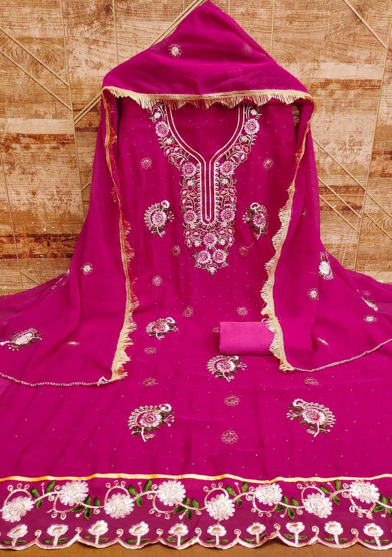Magenta Embroidered Georgette Pakistani Suit Set - Indya