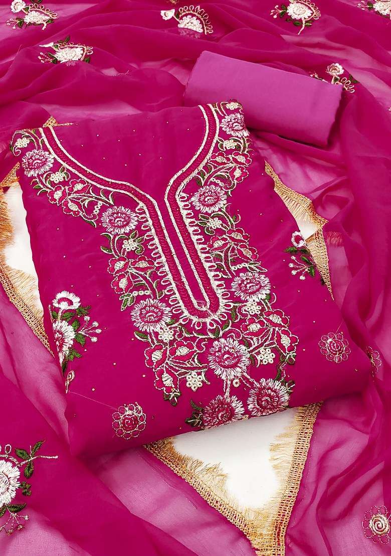 Magenta Embroidered Georgette Pakistani Suit Set - Indya