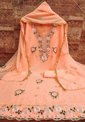 Peach Embroidered Georgette Dress Material