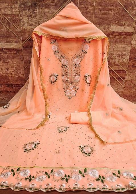 Peach Embroidered Georgette Dress Material