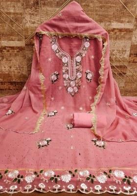 Pink Embroidered Georgette Dress Material