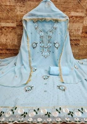 Sky Blue Embroidered Georgette Dress Material