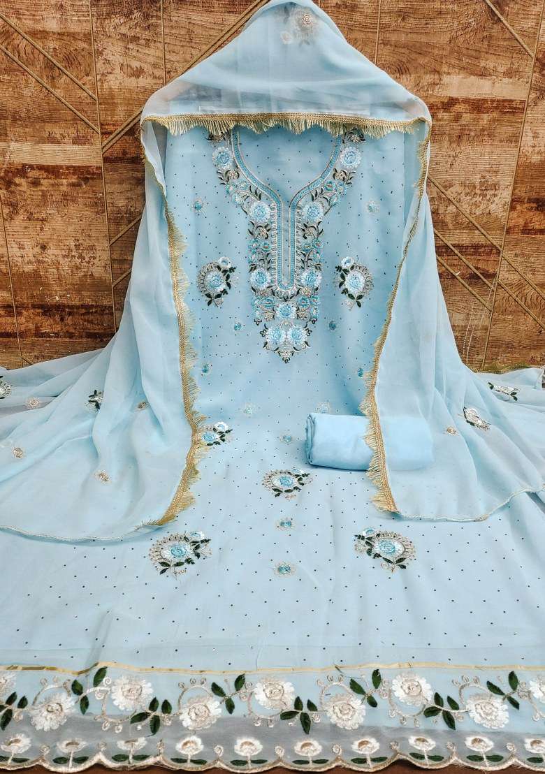 Sky Blue Embroidered Georgette Pakistani Suit Set - Indya