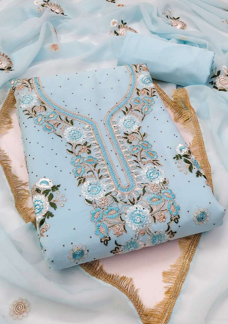 Sky Blue Embroidered Georgette Pakistani Suit Set - Indya