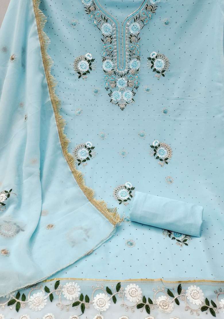 Sky Blue Embroidered Georgette Pakistani Suit Set - Indya