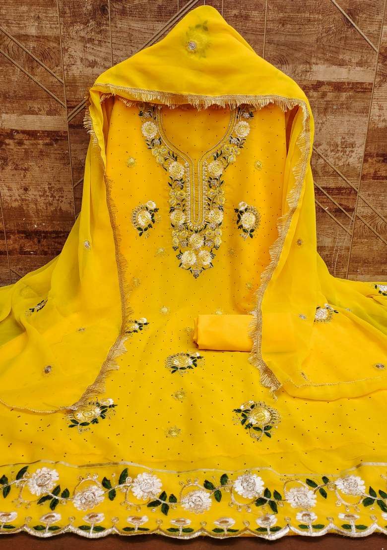 Yellow Embroidered Georgette Anarkali Set - Indya