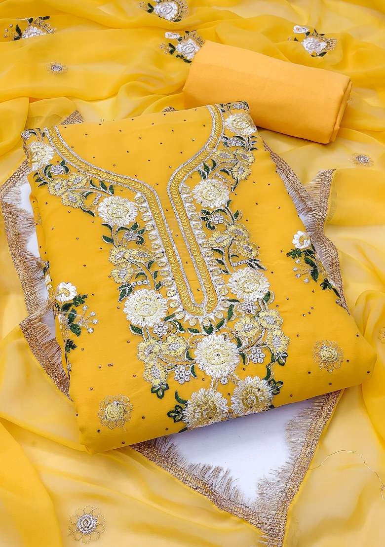Yellow Embroidered Georgette Anarkali Set - Indya
