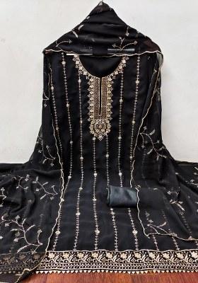 Black Embroidered Georgette Dress Material