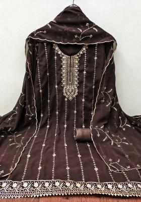 Brown Embroidered Georgette Dress Material