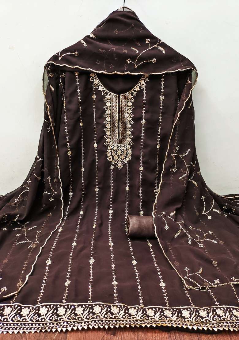 Brown Embroidered Georgette Pakistani Suit Set - Indya