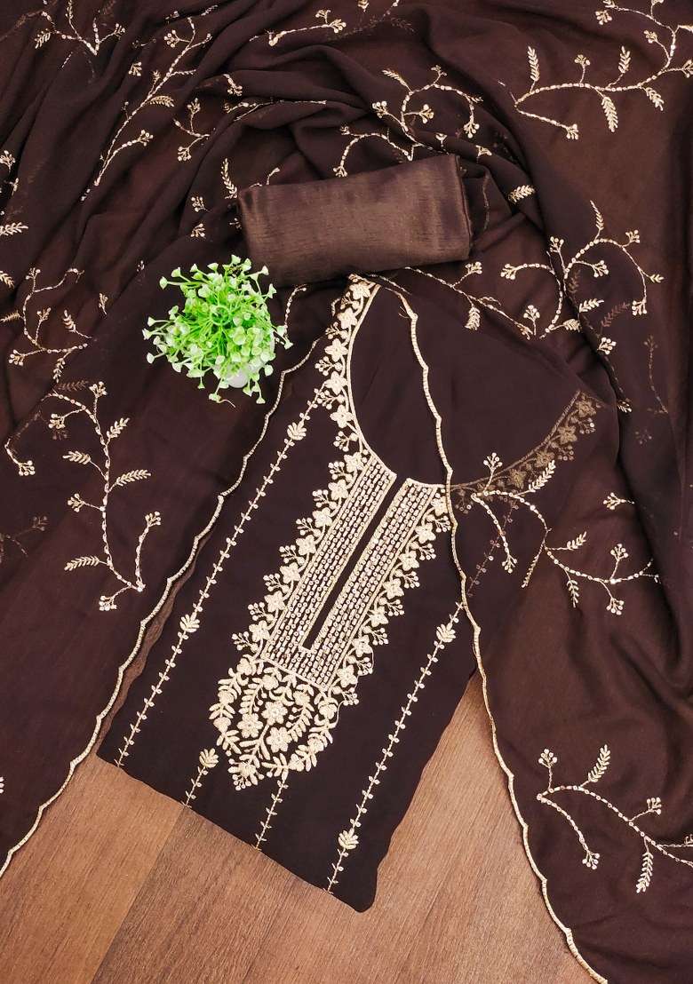 Brown Embroidered Georgette Pakistani Suit Set - Indya