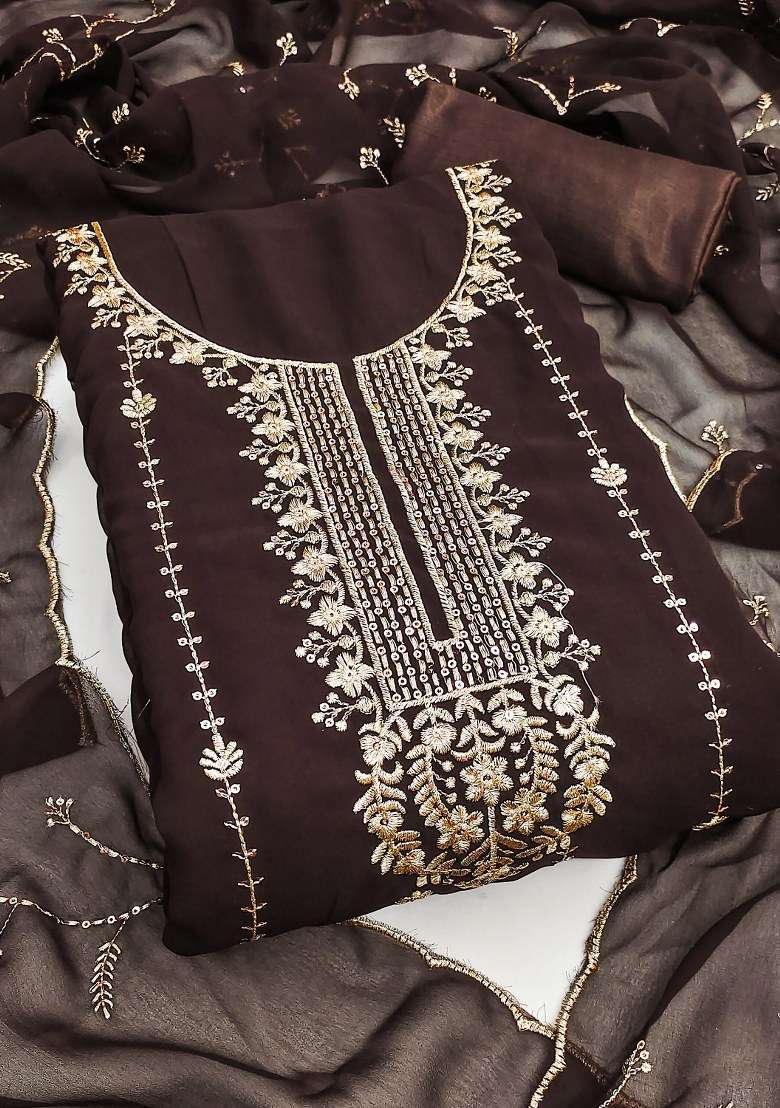 Brown Embroidered Georgette Pakistani Suit Set - Indya