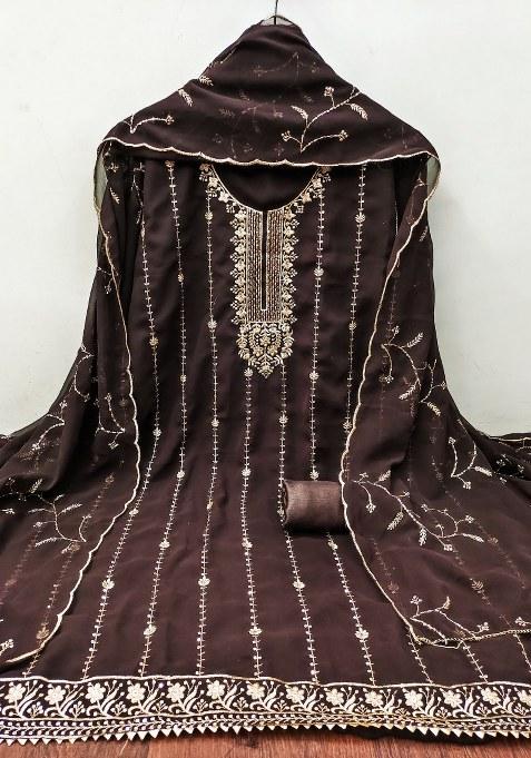 Brown Embroidered Georgette Dress Material