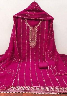 Magenta Embroidered Georgette Dress Material