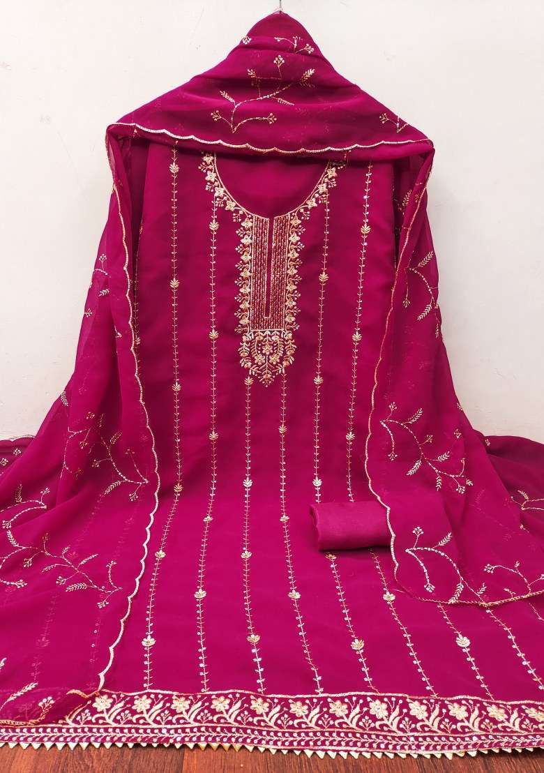 Magenta Embroidered Georgette Pakistani Suit Set - Indya