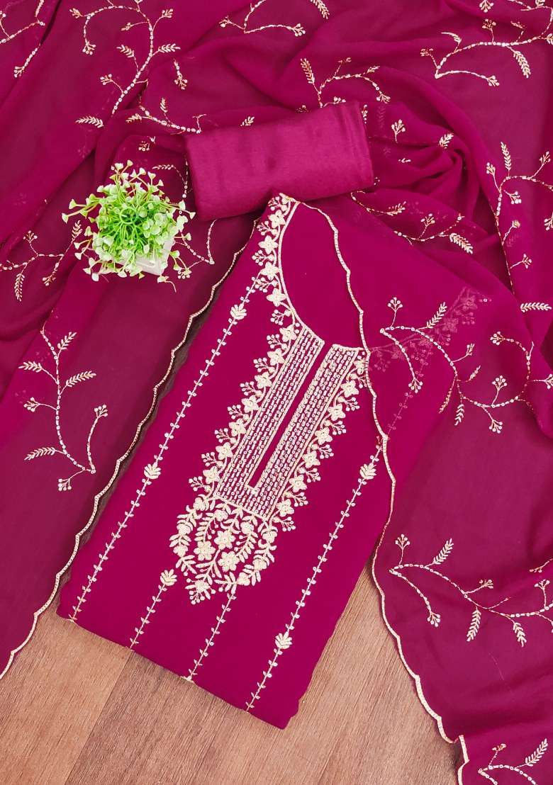 Magenta Embroidered Georgette Pakistani Suit Set - Indya