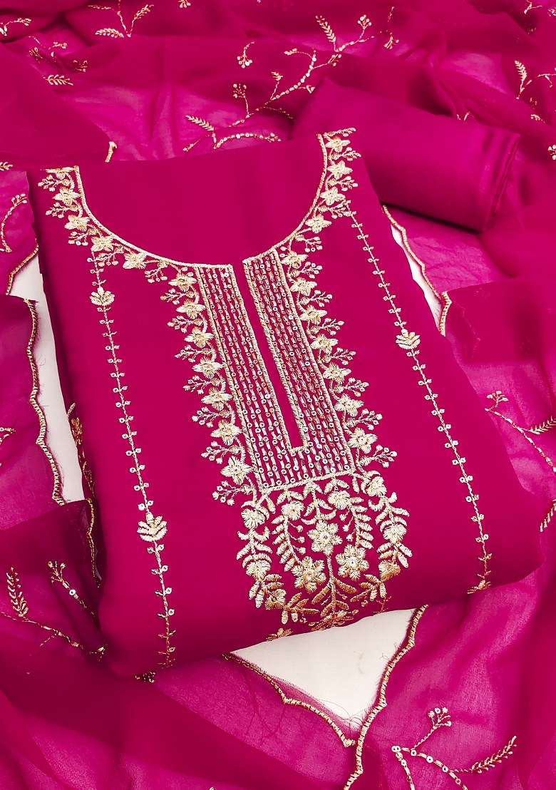 Magenta Embroidered Georgette Pakistani Suit Set - Indya