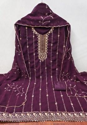 Purple Embroidered Georgette Dress Material