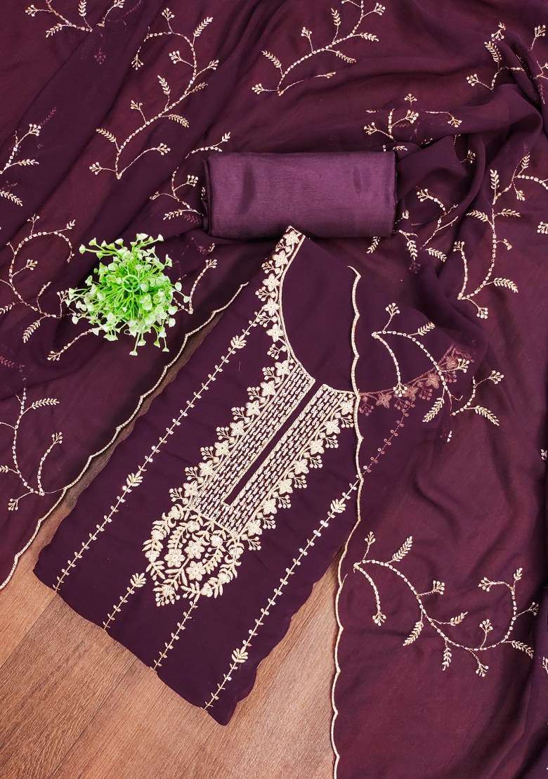 Purple Embroidered Georgette Pakistani Suit Set - Indya