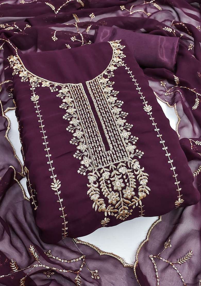 Purple Embroidered Georgette Pakistani Suit Set - Indya