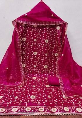 Magenta Embroidered Twill Net Dress Material