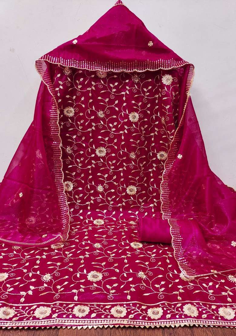 Magenta Embroidered Twill Net Dress Material - Indya
